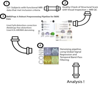 Figure 3.  ​A visual representation of the  preprocessing pipeline. After assessing initial  inclusion criteria, 221 subjects remained