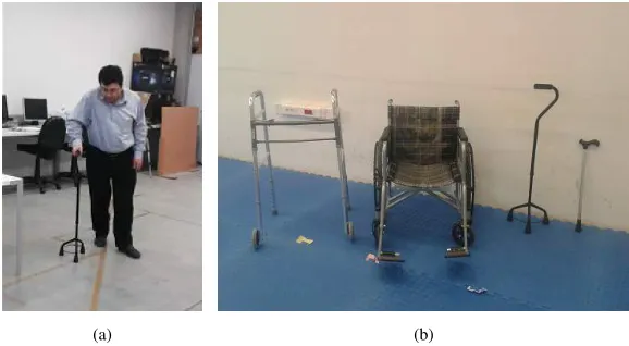 Fig. 2. Laboratory environment for experiments: (a) example of walking with tripod, and (b) walking aides utilized in experiments.