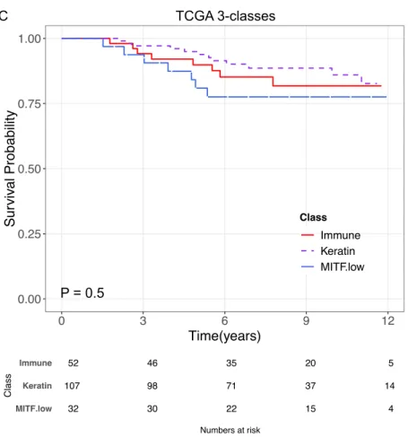 Figure 3.6 Melanoma-specific survival for the Lund 4-classes, Lund 2-grades  and TCGA 3-classes in the AJCC stage I group