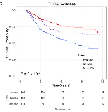 Figure 3.7 Melanoma-specific survival for the Lund 4-classes, Lund 2-grades  and TCGA 3-classes in the AJCC stages II&amp;III 