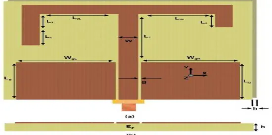 Figure 3.1 Finite Ground Coplanar Waveguide monopole antenna   (Wg=14mm, Lg=10mm, L1=18mm, W=3mm,  g=0.35mm, h=1.6mm and ϵr=4.4) 