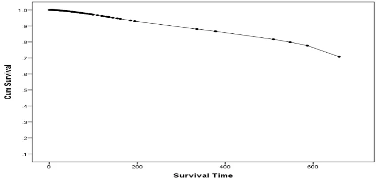 Figure 5.14 shows the survival function, the Kaplan-Meier curve, based on the estimated data, 