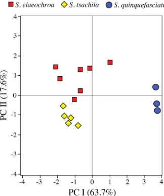 Fig 2. Axes I and II from principal components analysis. Based on seven acoustic variables from the advertisementcalls of Scinax elaeochroa (7 males), S