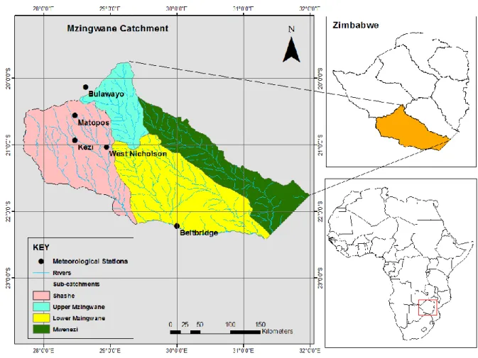 Figure 3.1: Figure 3.1: Mzingwane Catchment showing Shashe, Upper Mzingwane, Lower  Mzingwane and Mwenezi sub-catchments 