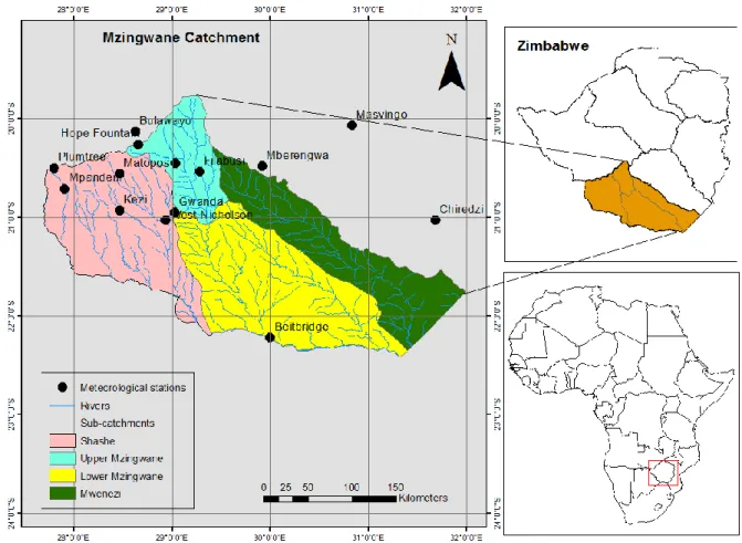 Figure 4.1: Mzingwane Catchment showing Shashe, Upper Mzingwane, Lower Mzingwane  and Mwenezi sub-catchments 
