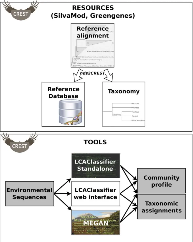 Figure 1. Overview of the resources of CREST. The flow of information during the construction of a new reference database (top part) or classification (bottom part) is represented by arrows