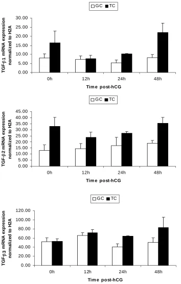 Figure 5. mRNA expression patterns of  TGF-βseparated from hCG-treated follicles  ligands in granulosa and theca compartments  