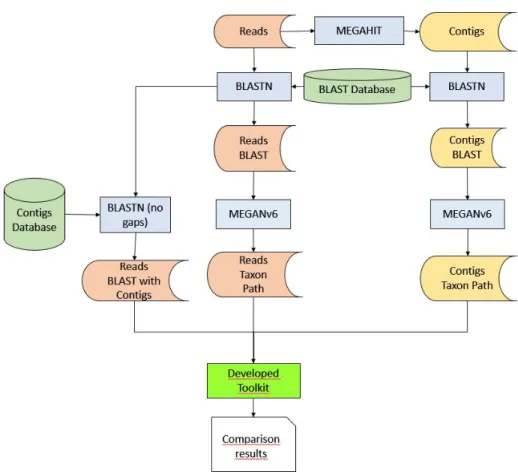 Figure 6. ​ Read assembly and Taxonomic Analysis Comparison workflow. Red: File Generated from  Reads