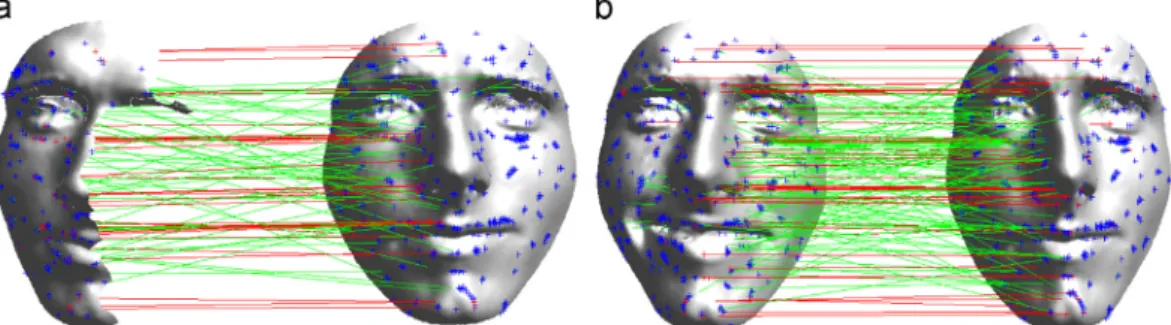 Fig. 6. Matching of scans of same and different subjects are reported in (a) and (b), respectively