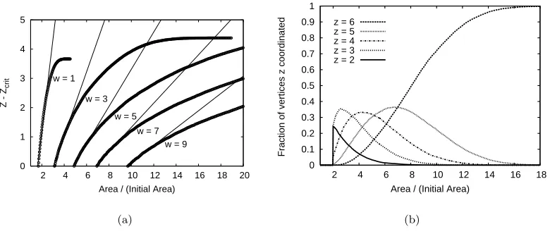 Fig. 2 – Triangular lattice (49152 strings) above the threshold of rigidity.(a) As the network isexpanded, the average coordination number Z increases linearly close to its threshold value, Zcrit(the data shown is for ﬁve diﬀerent ranges w of random natura