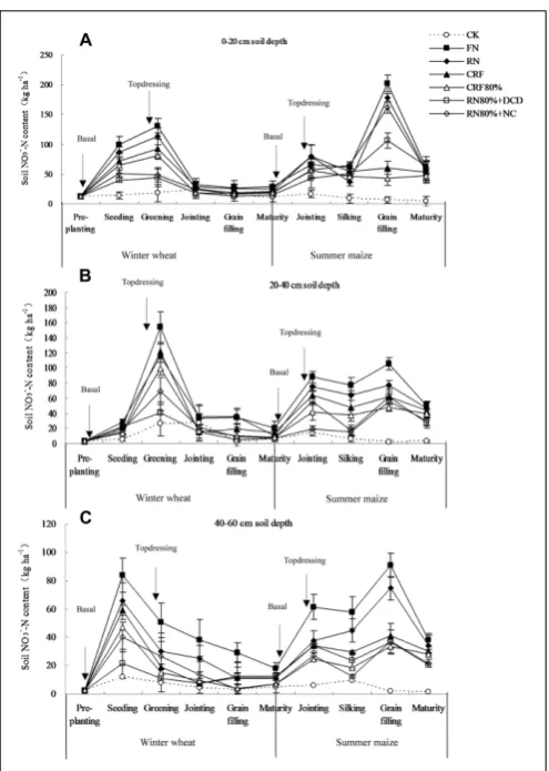 FIGURE 1 | Temporal and spatial variations of soil NO3with different N control measures