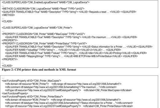 Figure 2: CIM printer data and methods in XML format   