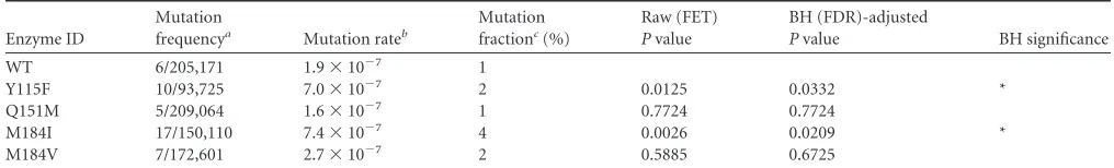 TABLE 4 Comparison of RT mutation frequencies versus WT: class 3 multiple nucleotide substitution mutations (total)d