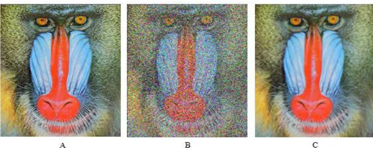 Fig. 3: A. origin image. B. noisy image with Gaussian  noise. C. image after de-noising using STLS
