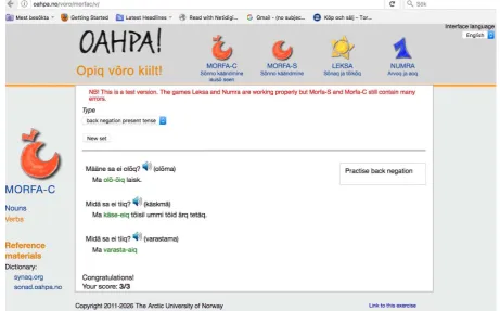 Figure 1: Screenshot of the Morfa-C verb back negation exercise