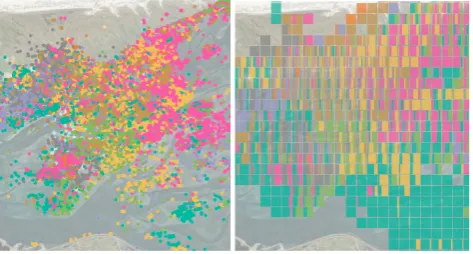 Figure 2: Five mapping modes:density estimation;where b-e are coloured by duration spent there and (d-e) show rel- (a) original points; (b) lines; (c) (d) relative tile maps; (e) absolute tile maps,ative duration of time spent by each individual.