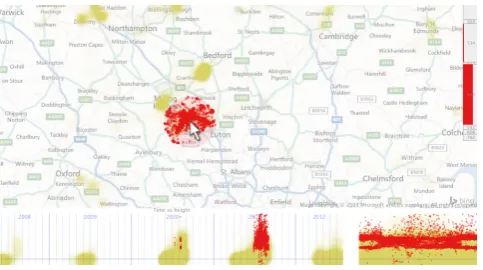 Figure 10: Density plot scale computed according to zoom level.(Left) Zoomed to full extent – individuals spend most time aroundthe nest; (middle) density at a large spatial scale, showing a loopstructure; (right) Aerial imagery context helps to interpret the loopstructure.