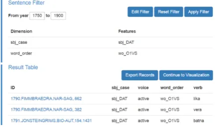 Figure 2: The ﬁlter module: The researcher canﬁlter for data from speciﬁc years containing onlyspeciﬁc data features before generating a data setwith previously selected dimensions.