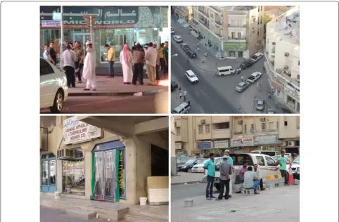 Fig. 9 Spatial practice of migrant labourers in the Al Asmagh Street—utilising the sidewalk in various activities inlcuding gathering for social purposes