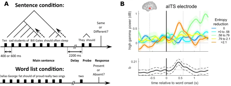 Figure 1: (A) Experimental setup: patients saw sentences or word lists, of variable length, and judgedwhether a subsequent probe matches or does not match