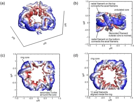Fig. 7 Vortex ring at T/T0=500 represented by isosurface of Q=30. The vortex surface is colored by the magnitude of axial velocity: (a) isometric view, (b) side view, (c) top view, (d) bottom view