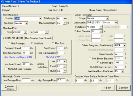 Figure 1.2: Culvert information input sheet in FishXing 