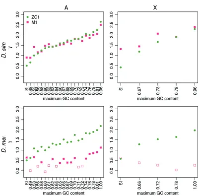 FIGbins where a model withfor positions 8–30bp of intronsX-linked sites (right-hand column)