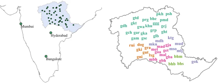 Figure 1: The Gondi language area with major cities in focus. The dialect/site codes and the geographicaldistribution of the codes are based on Beine (1994).