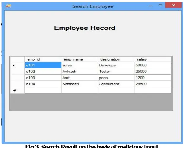 Fig 3. Search Result on the basis of malicious Input  