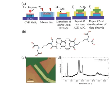 Fig. 3Top-gated MoS2 FET type 1: (a) Schematic of the process ﬂow. (b) Chemical structure of the perylene bisimide derivative