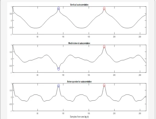 Figure 2: Unbiased autocorrelation patterns of vertical, mediolateral and anteroposterior acceleration signals of a participant running