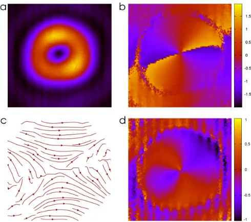 FIG. 3. (Color online) Total intensity S0 (in pseudo-colorsranging from black for background via blue and red to yellowfor maximum intensity) and polarization streamline diagram(white lines) calculated from the Stokes parameters for theinhomogeneously polarized vortex structure at 622 mA (a)and the homogeneously polarized vortex at 624 mA (b).
