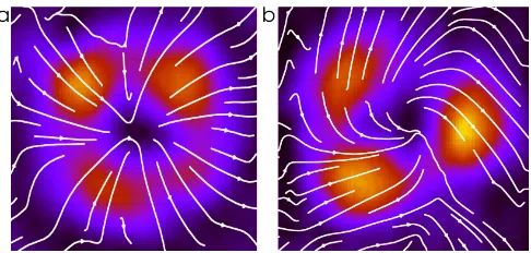 FIG. 5. (Color online) Polarization conﬁguration for (a) theradially-polarized vector vortex case in a feedback schemewithout the BS in the external cavity (625.0 mA) and (b)the spiral vector vortex in a feedback scheme with the BS(626.8 mA): Total intensity S0 (pseudo colors) and polariza-tion streamline diagram (white lines).