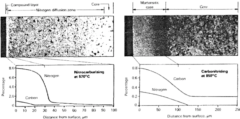 Figure 2.1 Comparison between the nitrocarburizing and carbonitriding [46]. 