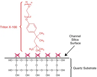 Figure 2.9 Illustration of the silica channel surface (black), which is missing a homogeneous layer of hy-droxyl groups on the surface