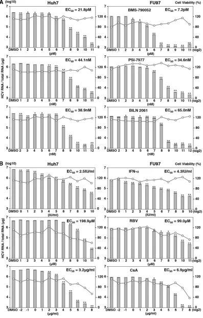 FIG 8 Effects of anti-HCV drugs on the propagation of HCVcc in FU97 cells. (A) Effect of DAAs on the propagation of HCVcc in Huh7 and FU97 cells
