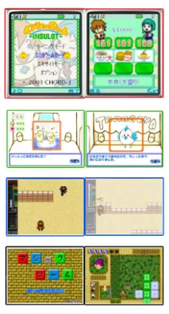 Figure 3: Feature phone games.Breed a diabetic egg until ithatches,diabetic detective to catch a villain,Building BlocksFrom top to bottom: Insulot 2005 -slot game for carbohydratesmeasuring, Egg Breeder 2004 - Detective 2004 - Help a 2004 - Blockbuilding game