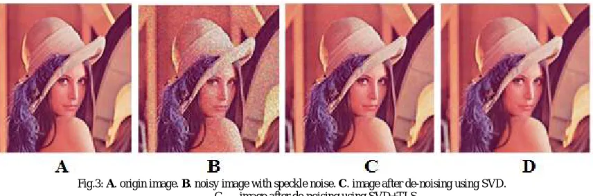 Fig.3: A. origin image. B. noisy image with speckle noise. C. image after de-noising using SVD