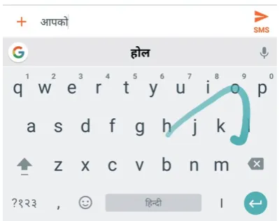 Figure 1: Screen capture of a transliteration keyboard witha user’s gesture trace for the target word.