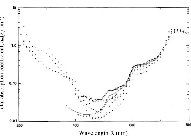 Figure 3.2: Absorption of pure seawater as a function of wavelength as given by multiple