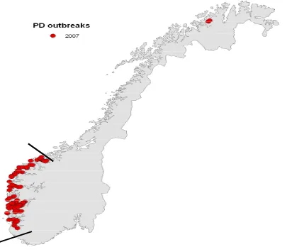 Figure 1.3. A map of Norway indicating the locations of the 2007 PD outbreaks and the proposed PD-zone in the south-west of the country (Olsen, 2008)