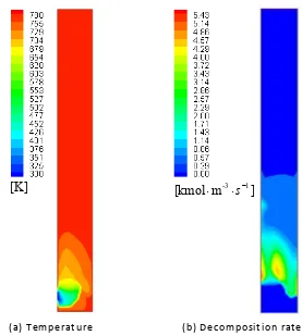 Fig. 4 Snapshots of volume fraction distribution at steady state, shrinkage pattern 1: (a)Gas phase; (b) biomass phase