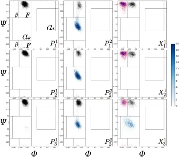 Figure B.4: This shows the Ramachandran plot for the (Pro-Pro-Arg)3 peptides. Theregions marking the diﬀerent secondary structure for each residue are marked and colorcoded with black representing F-region data, blue αR data and pink the β -region data.