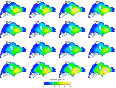Figure 1. Interpolated annual spatial intensity maps of TB risk in Singapore based on all reported cases