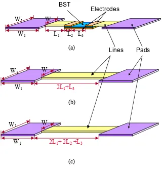 Figure 2.14   (a) the BST capacitor and standards (b) short #1 and (c) short #2 are fabricated on the same wafer 