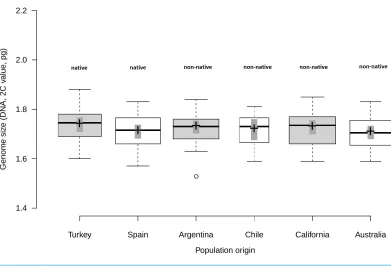 Figure 1Comparison of genome size among native and non-native genotypes of Centaurea solstitialis.Black center lines represent the medians, crosses indicate sample means, box limits indicate the 25th and75th percentiles, whiskers extend 1.5 times the inter
