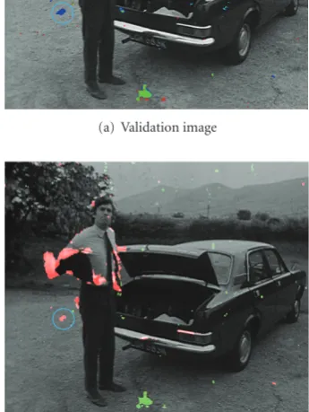 Figure 8: This ﬁgure shows a validation image and a PM/blotchdetection for the “jacket” sequence (correct detections—green,missed detections—blue, false alarms—red)