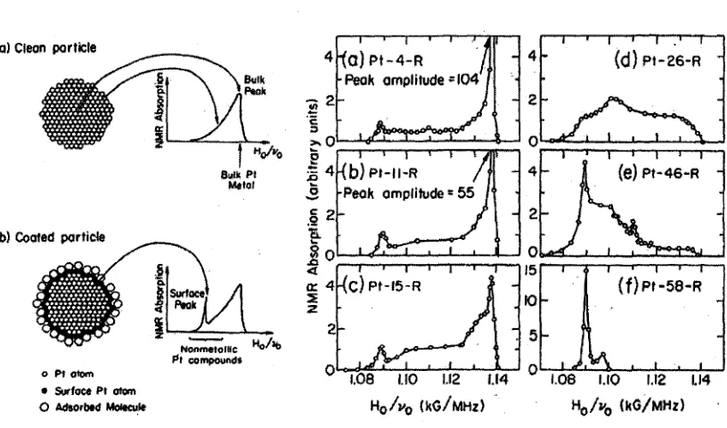 Figure 1.1: Schematics of a clean and coated Pt nanoparticle (left). From the 195Pt field-sweep NMR, the resonance at low field corresponds to the surface Pt atoms and at high field from the core Pt atoms
