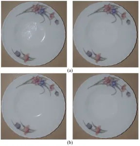 Fig. 3 (a) Original images Plate Image 1(left) and Plate Image 2(right). (b) Specular reduced images by the proposed method for Plate Image 1(left) and Plate Image 2(right)