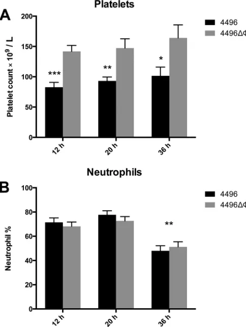 FIG 5 Platelet and neutrophil counts in the peripheral blood of strain 4496counts (means8 at 36 h;centages of total white blood cells